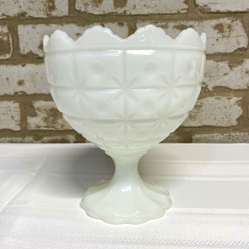 Napco Milk Glass Pedestal Compote Bowl Scalloped Rim Starburst Pattern USA